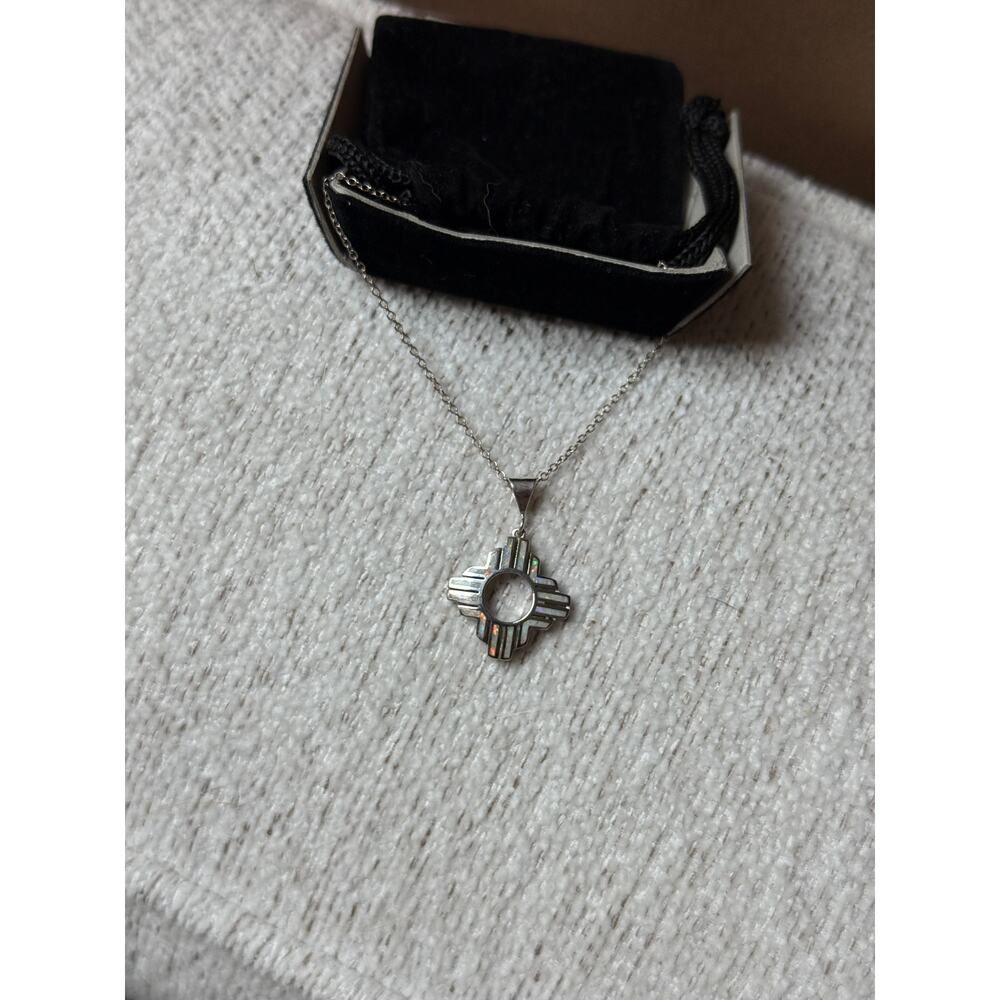 New Sterling Silver Opal Zia Pendant Necklace New Mexico Native American Sun - Picture 10 of 12